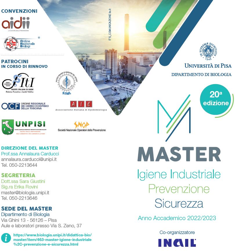 ATS UNPISI patrocina “Master di I° livello in Igiene Industriale, Prevenzione e Sicurezza – Anno Accademico 2022-2023” – Dipartimento di Biologia dell’Università di Pisa