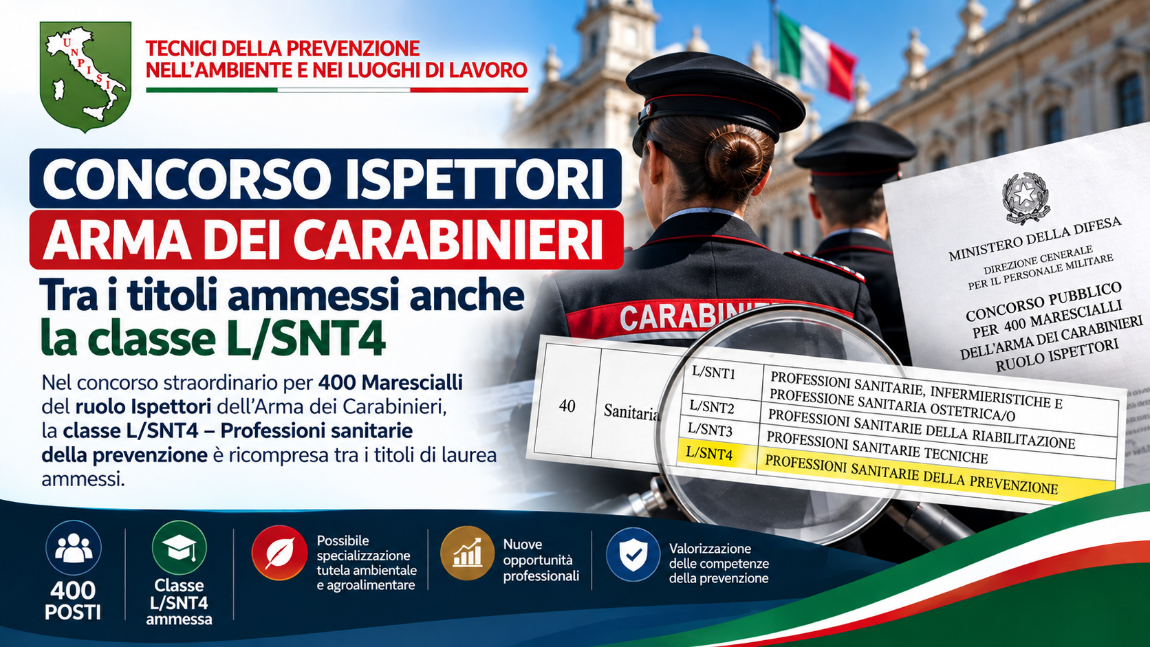 Professioni sanitarie della prevenzione nell’Arma dei Carabinieri: la classe L/SNT4 tra i titoli ammessi al concorso per 400 Marescialli